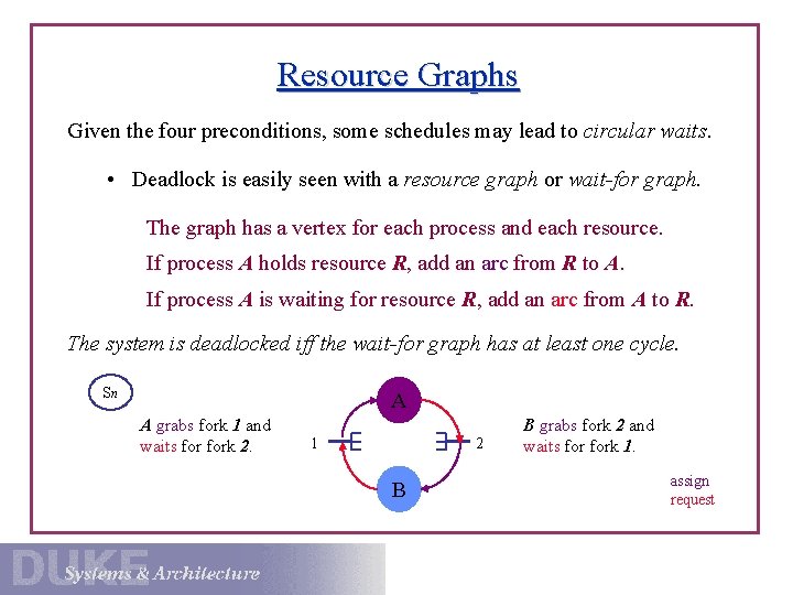 Resource Graphs Given the four preconditions, some schedules may lead to circular waits. •