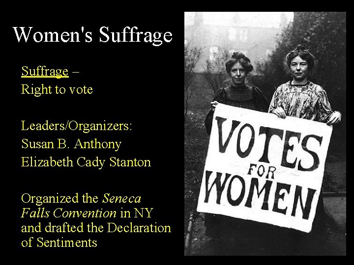 Women's Suffrage – Right to vote Leaders/Organizers: Susan B. Anthony Elizabeth Cady Stanton Organized