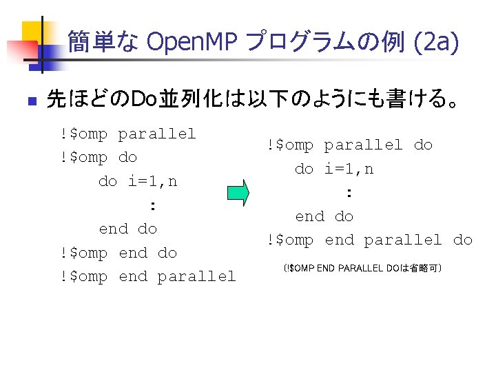 簡単な Open. MP プログラムの例 (2 a) n 先ほどのDo並列化は以下のようにも書ける。 !$omp parallel !$omp do do i=1,