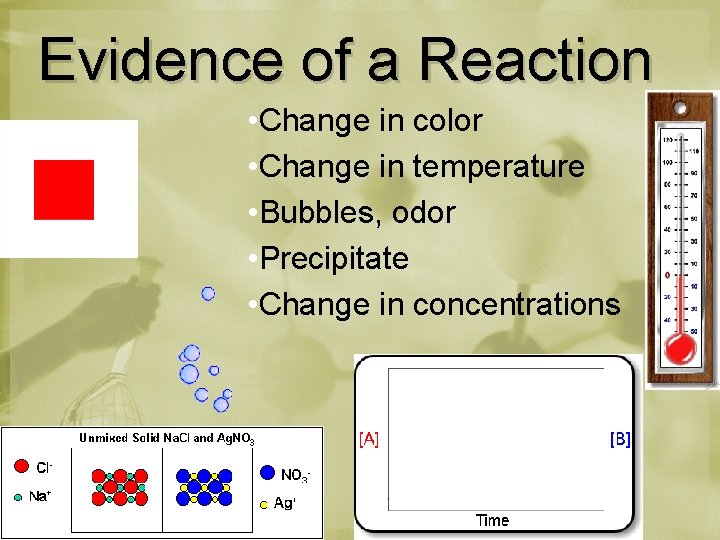 Evidence of a Reaction • Change in color • Change in temperature • Bubbles,