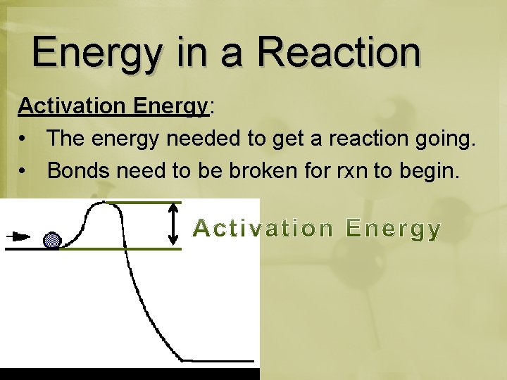 Energy in a Reaction Activation Energy: • The energy needed to get a reaction