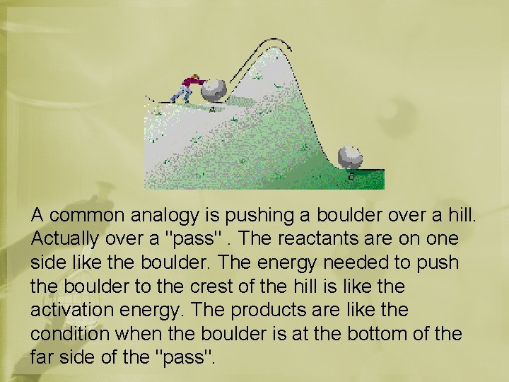 A common analogy is pushing a boulder over a hill. Actually over a "pass".