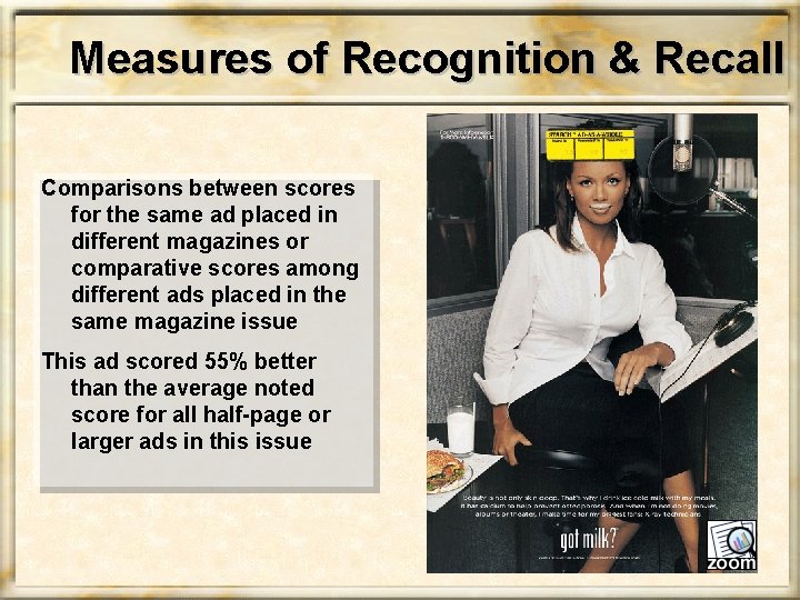 Measures of Recognition & Recall Comparisons between scores for the same ad placed in