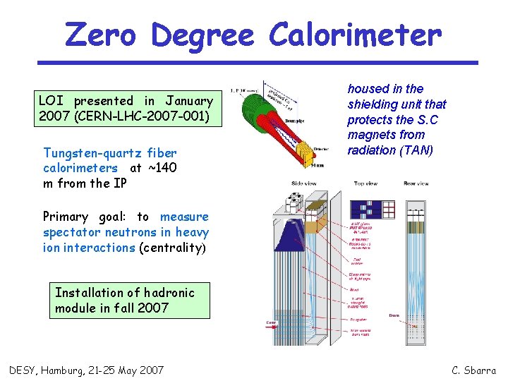 Zero Degree Calorimeter LOI presented in January 2007 (CERN-LHC-2007 -001) Tungsten-quartz fiber calorimeters at