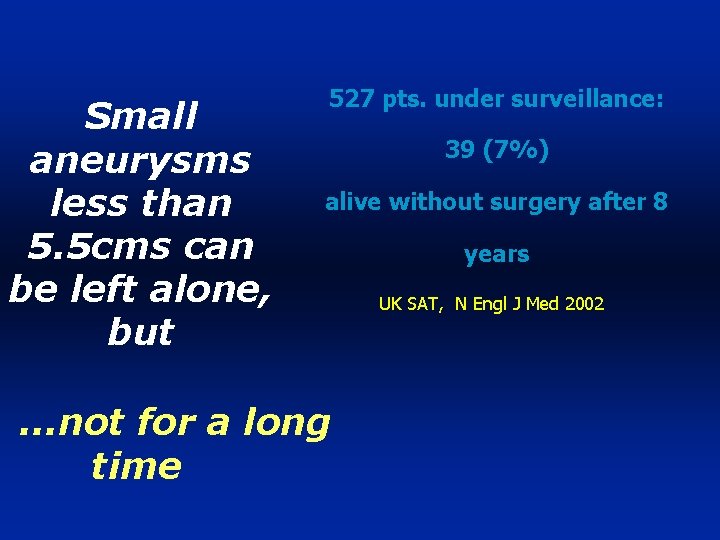 Small aneurysms less than 5. 5 cms can be left alone, but 527 pts.