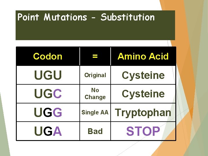 Point Mutations - Substitution Codon UGU UGC UGG UGA = Amino Acid Original Cysteine