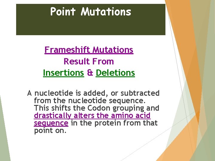 Point Mutations Frameshift Mutations Result From Insertions & Deletions A nucleotide is added, or