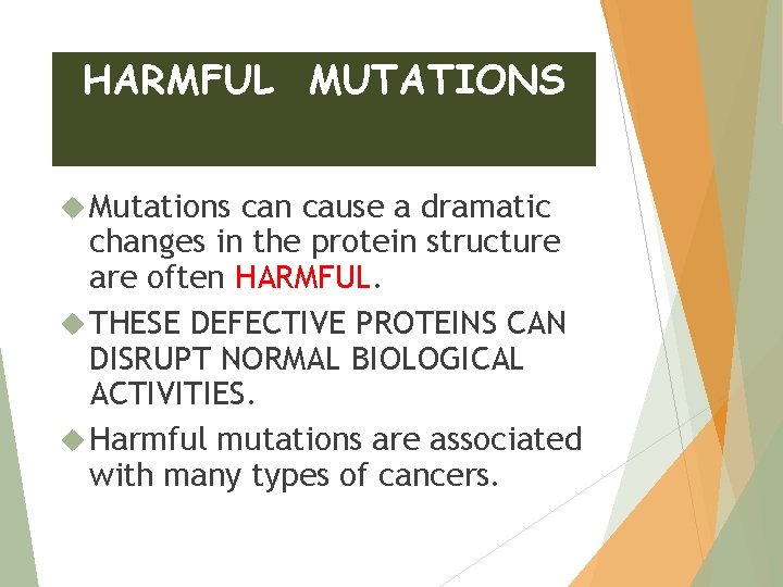 HARMFUL MUTATIONS Mutations can cause a dramatic changes in the protein structure are often