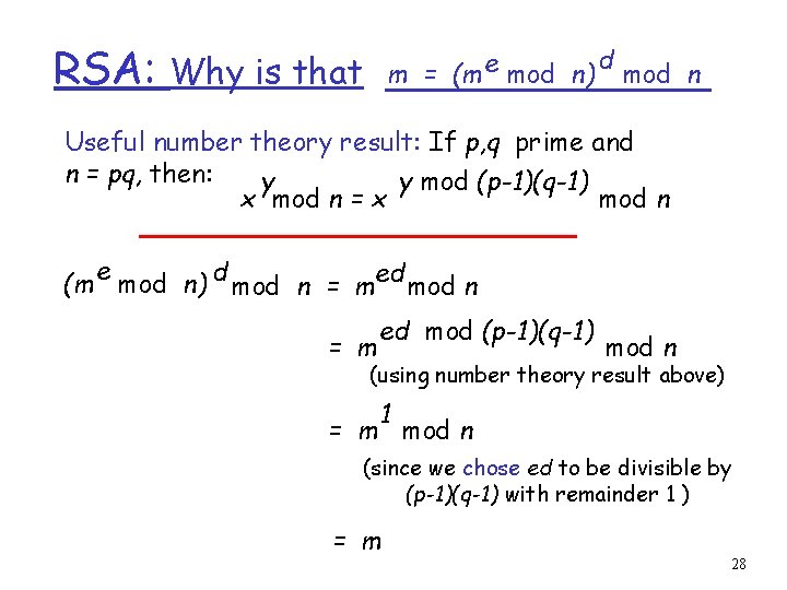 RSA: m = (m e mod n) Why is that d mod n Useful