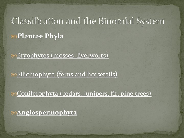 Classification and the Binomial System Plantae Phyla Bryophytes (mosses, liverworts) Filicinophyta (ferns and horsetails)