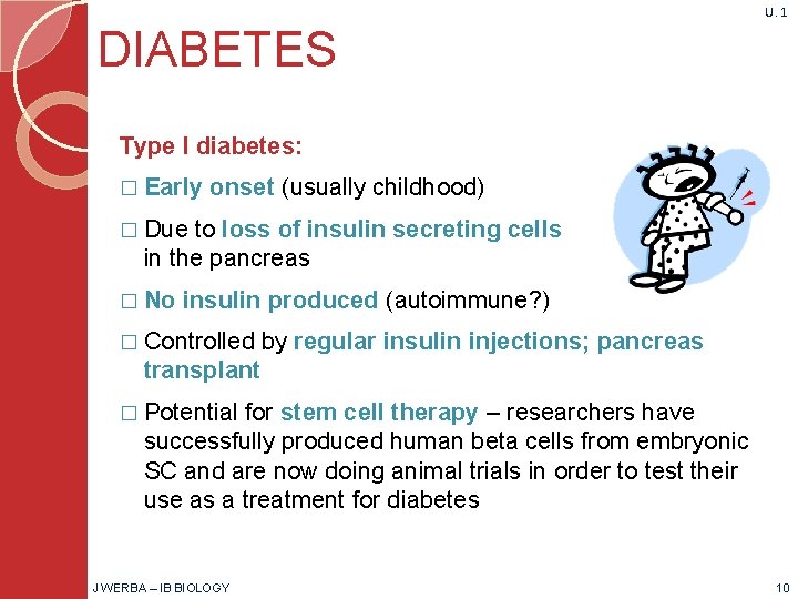 U. 1 DIABETES Type I diabetes: � Early onset (usually childhood) � Due to