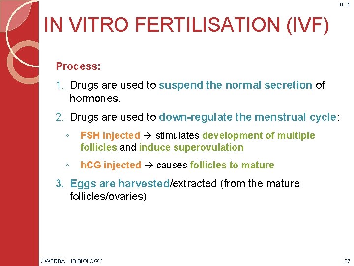 U. 4 IN VITRO FERTILISATION (IVF) Process: 1. Drugs are used to suspend the