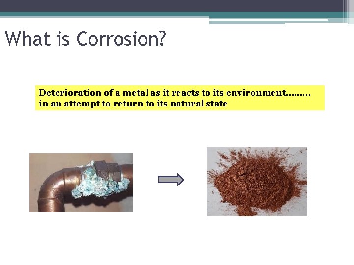 What is Corrosion? Deterioration of a metal as it reacts to its environment……… in