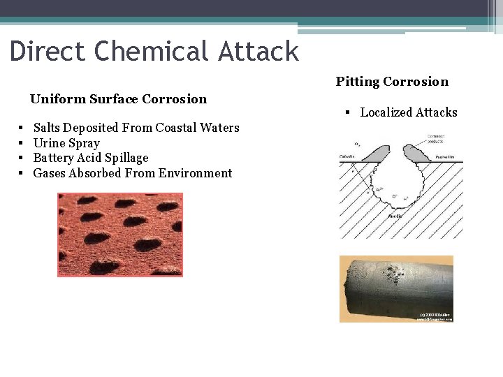 Direct Chemical Attack Pitting Corrosion Uniform Surface Corrosion § § Salts Deposited From Coastal