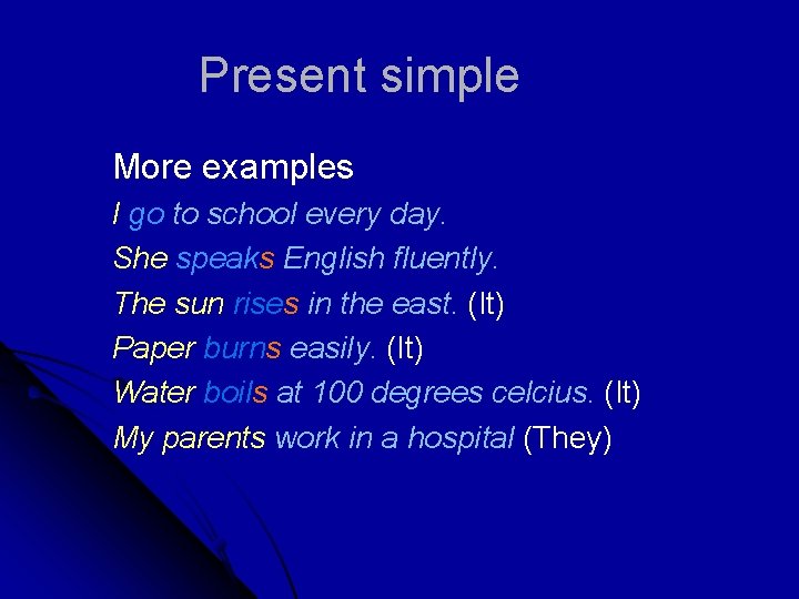 Present simple More examples I go to school every day. She speaks English fluently.