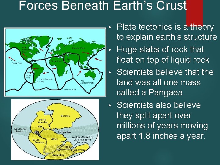 Forces Beneath Earth’s Crust Plate tectonics is a theory to explain earth’s structure • Forces Beneath Earth’s Crust Plate tectonics is a theory to explain earth’s structure •