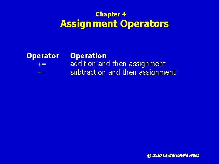 Chapter 4 Assignment Operators Operator += -= Operation addition and then assignment subtraction and