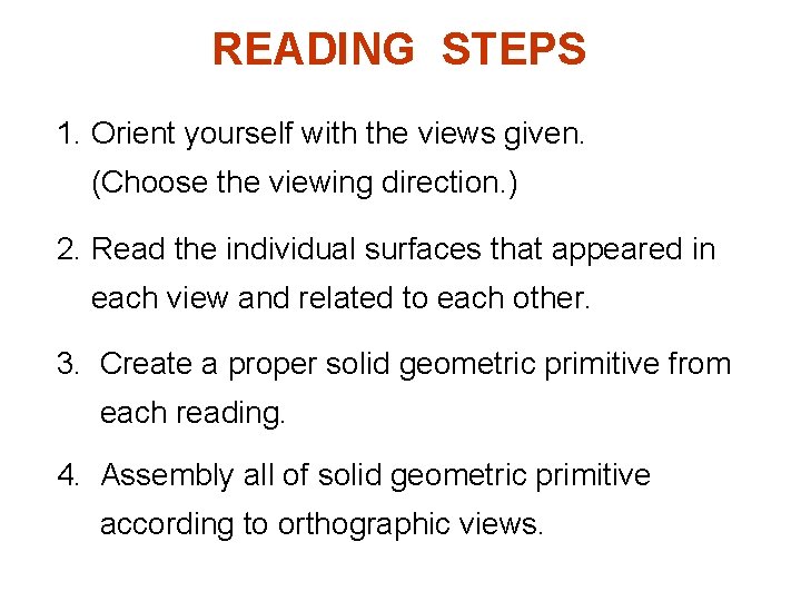 READING STEPS 1. Orient yourself with the views given. (Choose the viewing direction. )