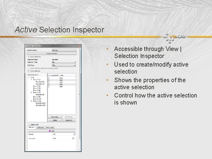 Active Selection Inspector • Accessible through View | Selection Inspector • Used to create/modify