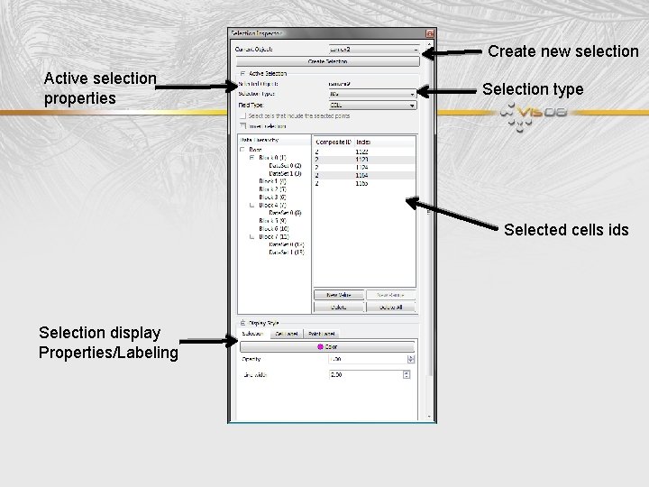 Create new selection Active selection properties Selection type Selected cells ids Selection display Properties/Labeling