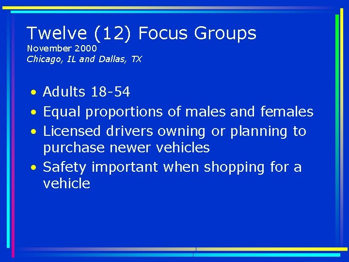 Twelve (12) Focus Groups November 2000 Chicago, IL and Dallas, TX • Adults 18