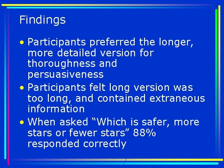 Findings • Participants preferred the longer, more detailed version for thoroughness and persuasiveness •