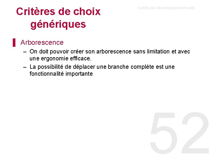 Critères de choix génériques Outils de développement web ▌ Arborescence – On doit pouvoir