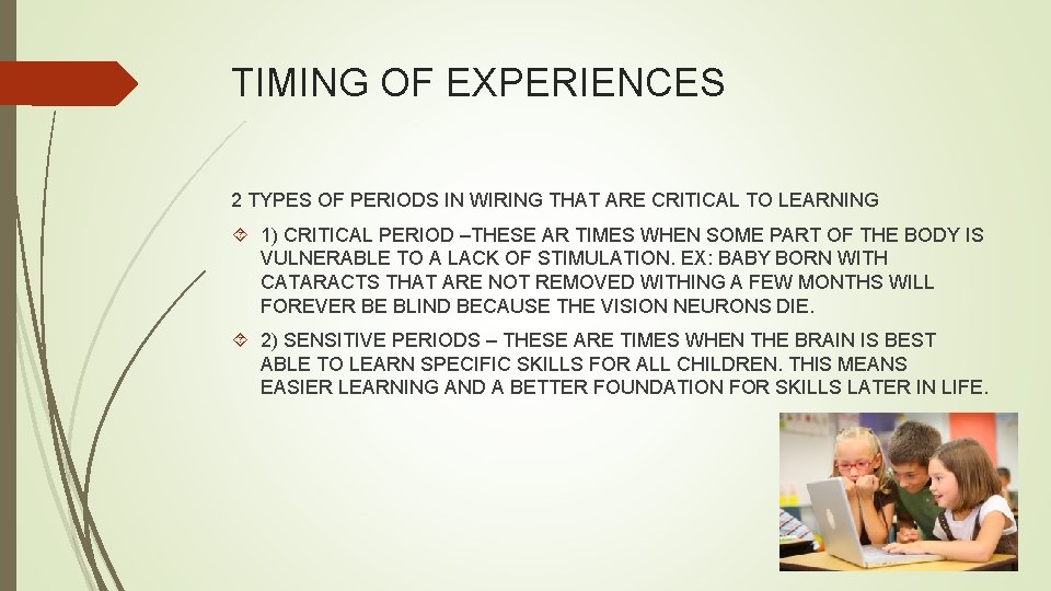 TIMING OF EXPERIENCES 2 TYPES OF PERIODS IN WIRING THAT ARE CRITICAL TO LEARNING