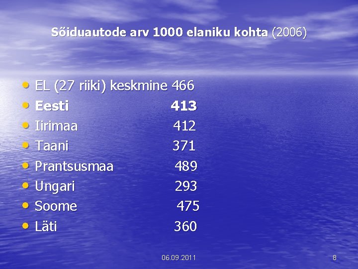 Sõiduautode arv 1000 elaniku kohta (2006) • EL (27 riiki) keskmine 466 • Eesti