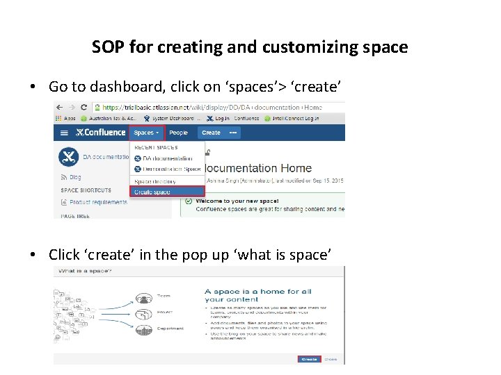 SOP for creating and customizing space • Go to dashboard, click on ‘spaces’> ‘create’