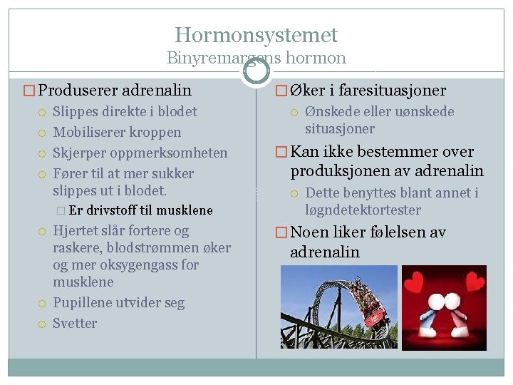 Hormonsystemet Binyremargens hormon � Produserer adrenalin Slippes direkte i blodet Mobiliserer kroppen Skjerper oppmerksomheten