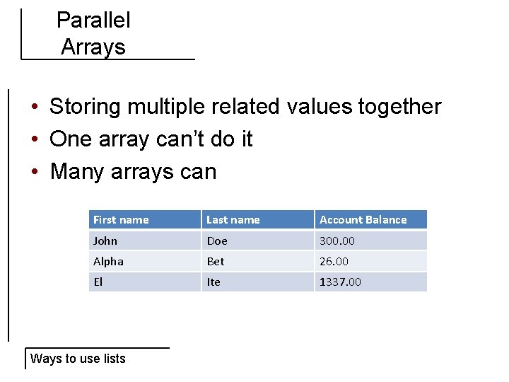Parallel Arrays • Storing multiple related values together • One array can’t do it
