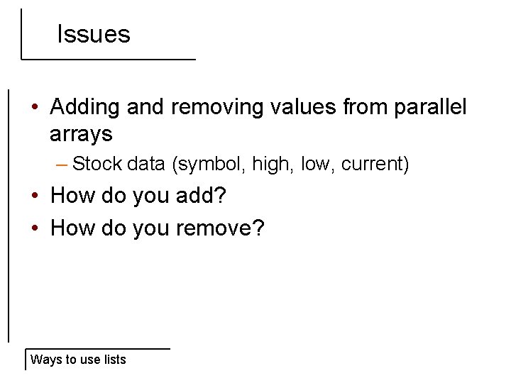 Issues • Adding and removing values from parallel arrays – Stock data (symbol, high,