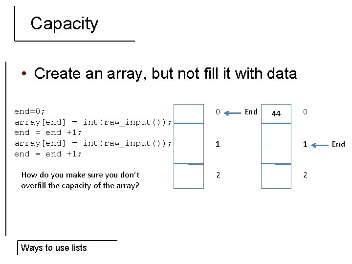 Capacity • Create an array, but not fill it with data end=0; array[end] =