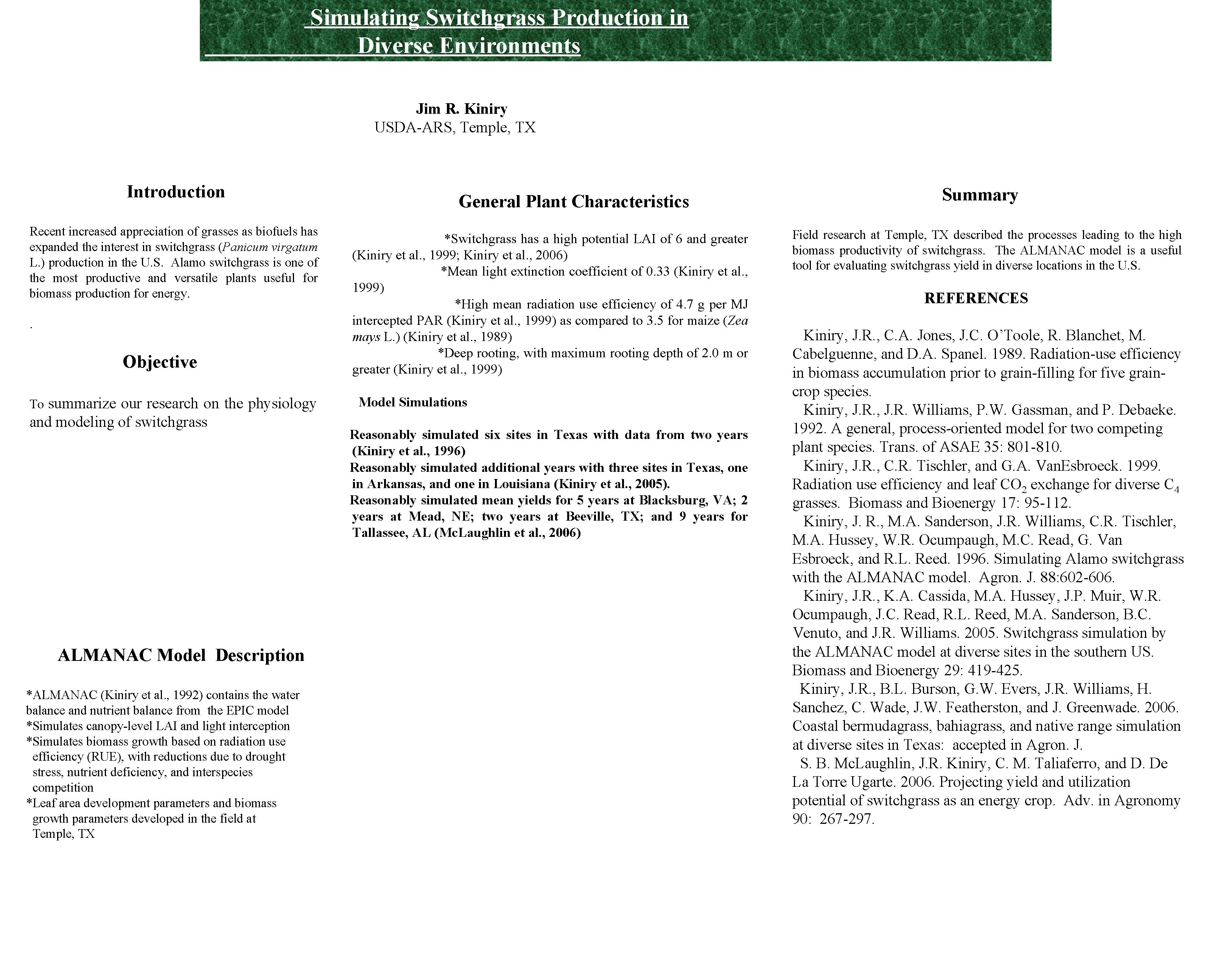 Simulating Switchgrass Production in Diverse Environments Jim R. Kiniry USDA-ARS, Temple, TX Introduction Recent