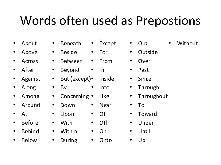 Words often used as Prepostions • • • About Above Across After Against Along