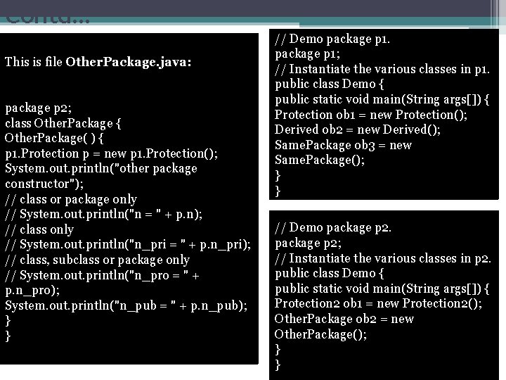 Contd… This is file Other. Package. java: package p 2; class Other. Package {