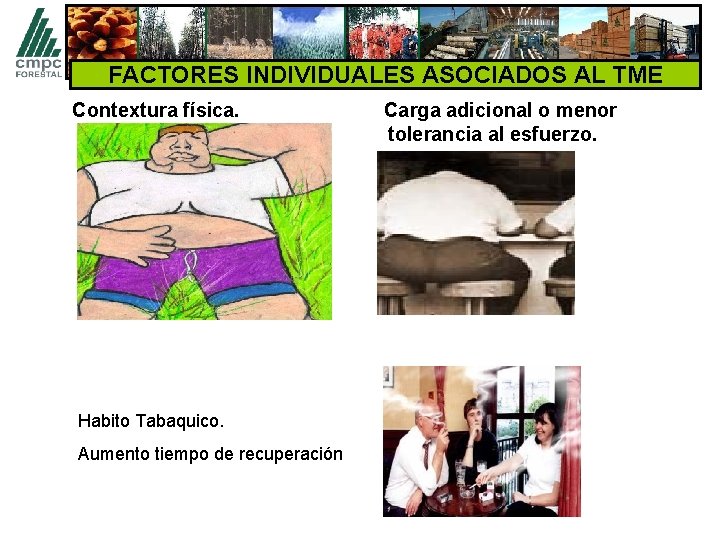 FACTORES INDIVIDUALES ASOCIADOS AL TME Contextura física. Habito Tabaquico. Aumento tiempo de recuperación Carga