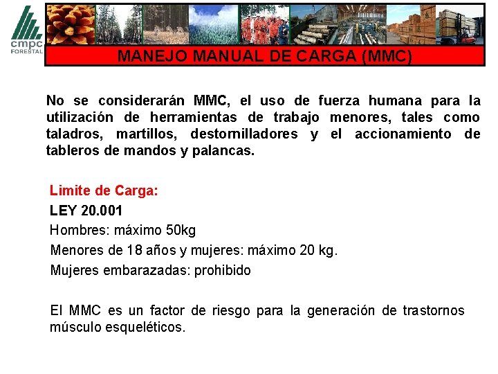 MANEJO MANUAL DE CARGA (MMC) No se considerarán MMC, el uso de fuerza humana