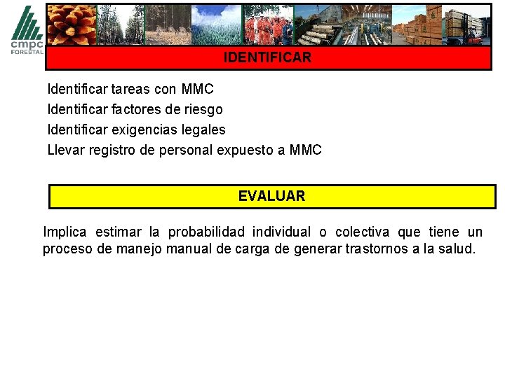 IDENTIFICAR Identificar tareas con MMC Identificar factores de riesgo Identificar exigencias legales Llevar registro