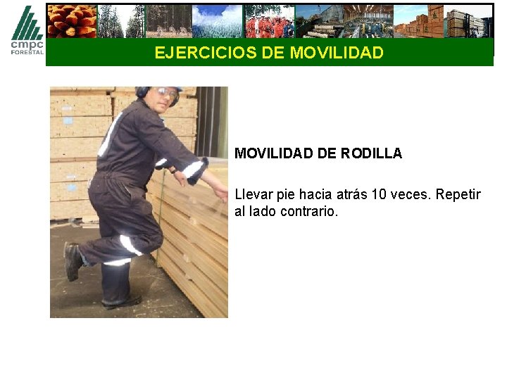 EJERCICIOS DE MOVILIDAD DE RODILLA Llevar pie hacia atrás 10 veces. Repetir al lado