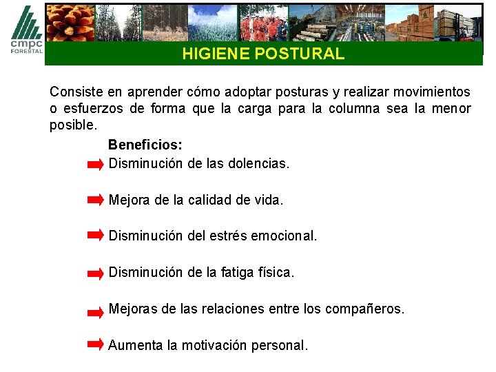 HIGIENE POSTURAL Consiste en aprender cómo adoptar posturas y realizar movimientos o esfuerzos de