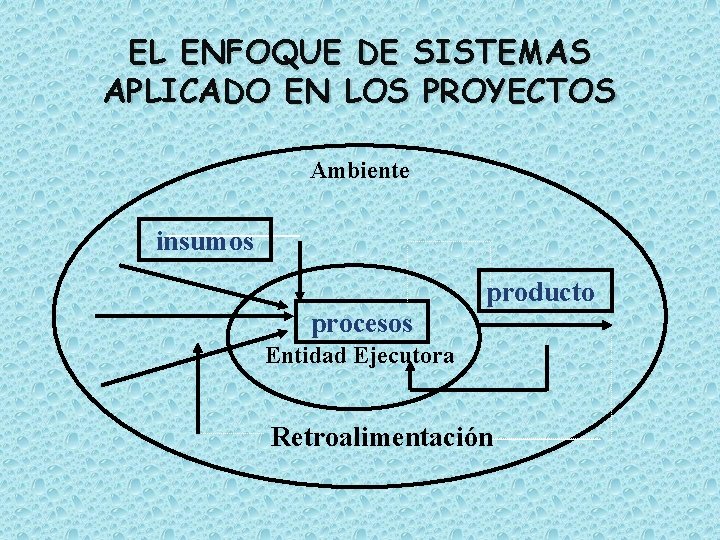 EL ENFOQUE DE SISTEMAS APLICADO EN LOS PROYECTOS Ambiente insumos producto procesos Entidad Ejecutora