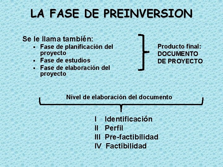 LA FASE DE PREINVERSION Se le llama también: Fase de planificación del proyecto §