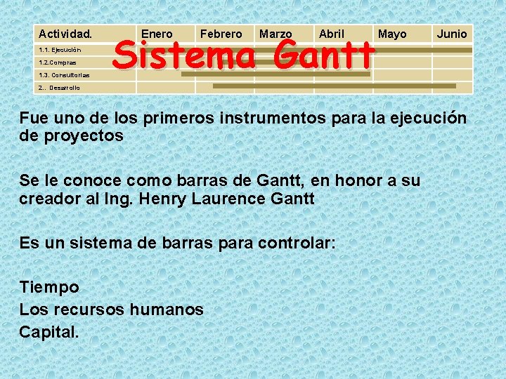 Actividad. 1. 1. Ejecución 1. 2. Compras 1. 3. Consultorias Sistema Gantt Enero Febrero