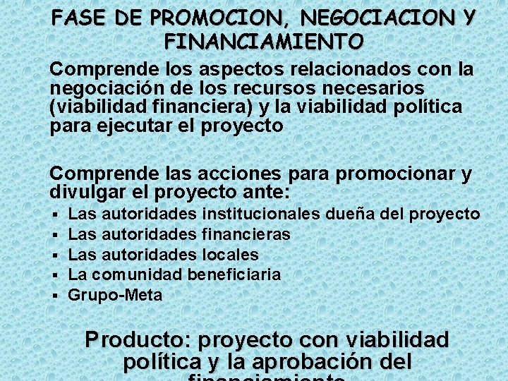 FASE DE PROMOCION, NEGOCIACION Y FINANCIAMIENTO Comprende los aspectos relacionados con la negociación de