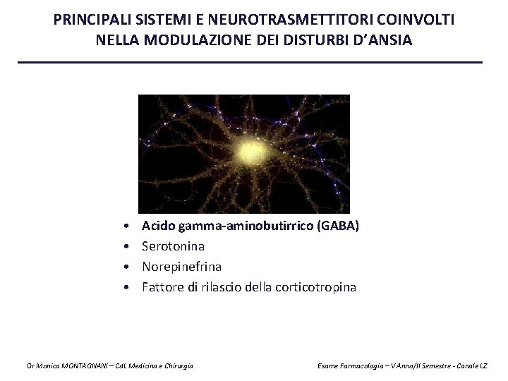 PRINCIPALI SISTEMI E NEUROTRASMETTITORI COINVOLTI NELLA MODULAZIONE DEI DISTURBI D’ANSIA • • Acido gamma-aminobutirrico