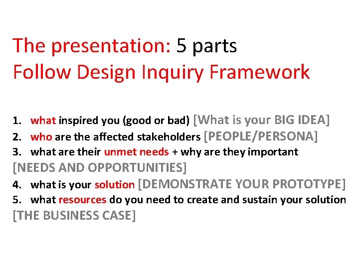 The presentation: 5 parts Follow Design Inquiry Framework 1. what inspired you (good or