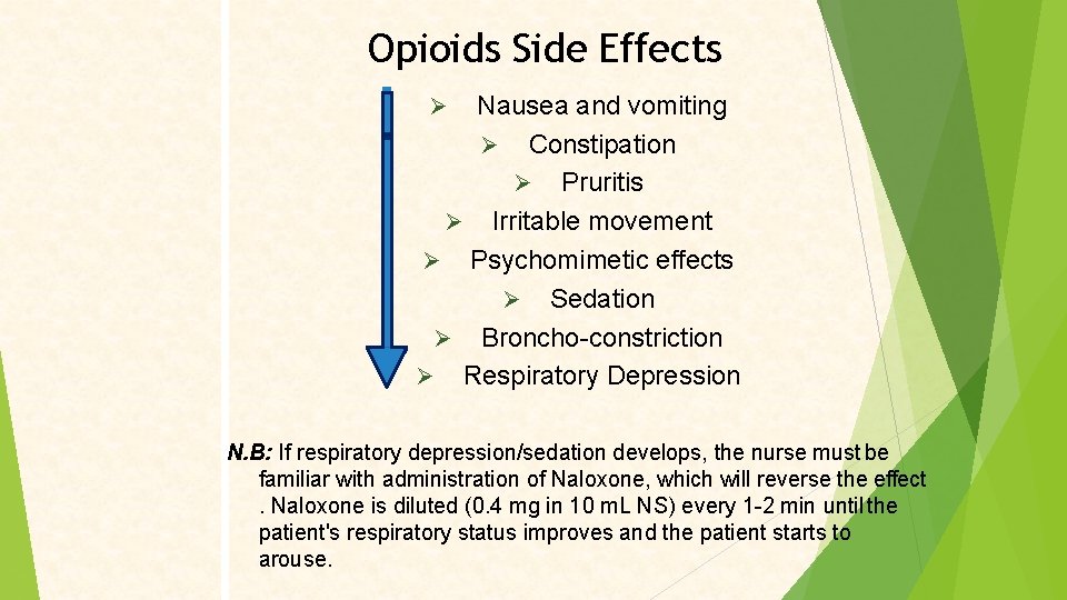 Opioids Side Effects Nausea and vomiting Constipation Pruritis Irritable movement Psychomimetic effects Sedation Broncho-constriction