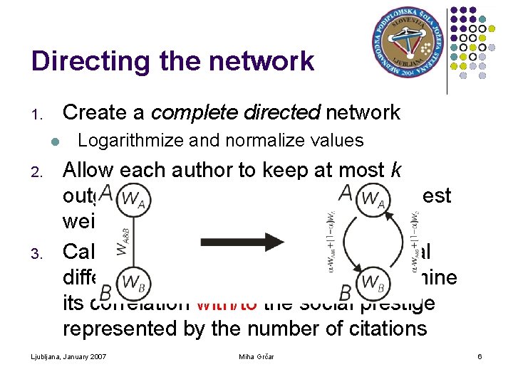 Directing the network Create a complete directed network 1. l 2. 3. Logarithmize and